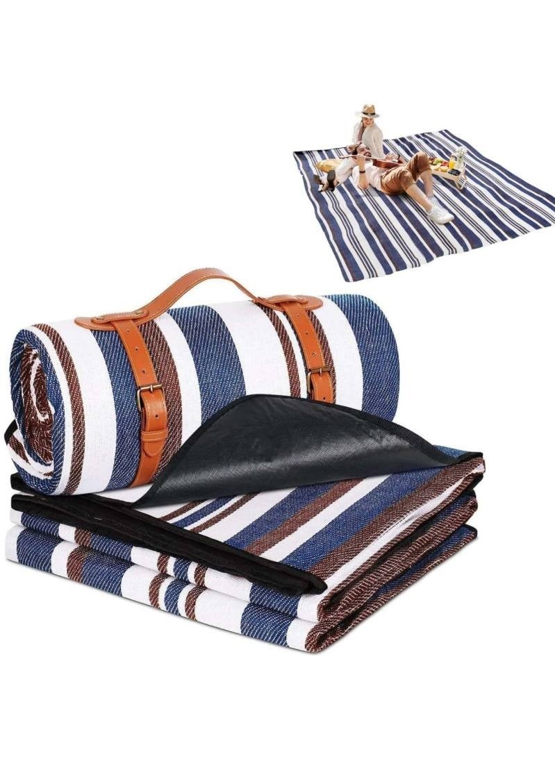 بطانية نزهة مخططة 200×200 سم، كبيرة، مقاومة للماء، قابلة للطي، لشاطئ، تخييم، سفر، متنزهات، أزرق وأبيض، أزرق وبني - Image 1